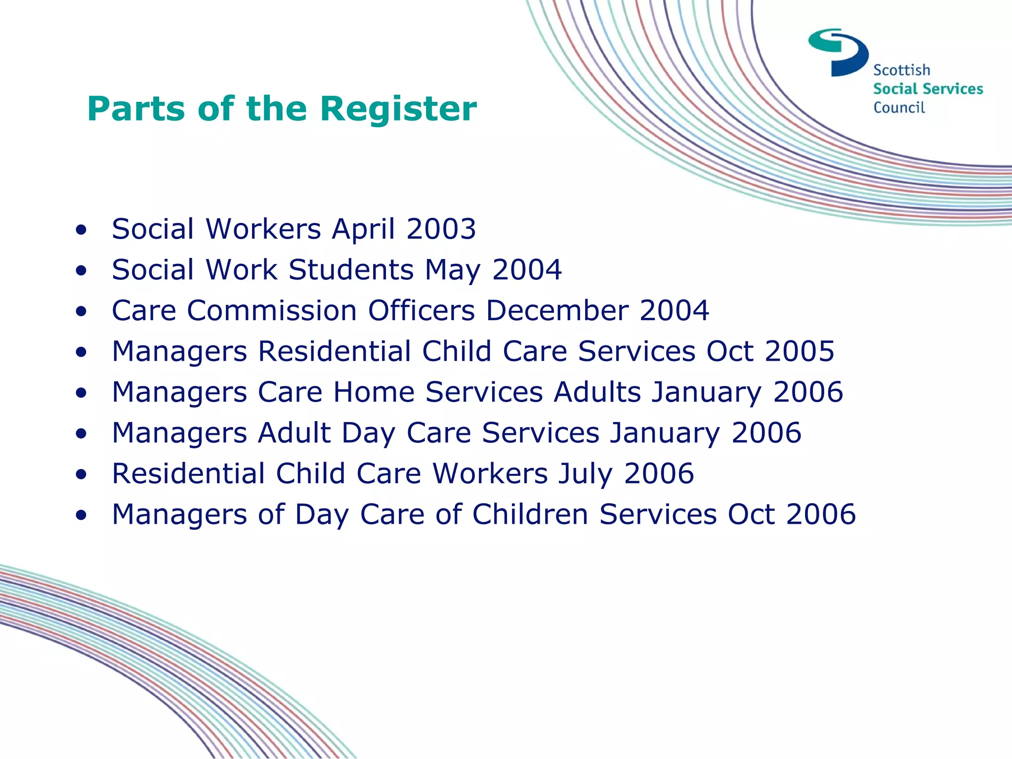Parts of the Register


•   Social Workers April 2003
•   Social Work Students May 2004
•   Care Commission Officers December 2004
•   Managers Residential Child Care Services Oct 2005
•   Managers Care Home Services Adults January 2006
•   Managers Adult Day Care Services January 2006
•   Residential Child Care Workers July 2006
•   Managers of Day Care of Children Services Oct 2006
 