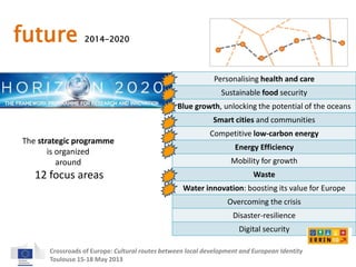 Personalising health and care 
Sustainable food security 
Blue growth, unlocking the potential of the oceans 
Smart cities and communities 
Competitive low-carbon energy 
Energy Efficiency 
Mobility for growth 
Waste 
Water innovation: boosting its value for Europe 
Overcoming the crisis 
Disaster-resilience 
Digital security 
future 2014-2020 
The strategic programme 
is organized 
around 
12 focus areas 
Crossroads of Europe: Cultural routes between local development and European Identity 
Toulouse 15-18 May 2013 
 