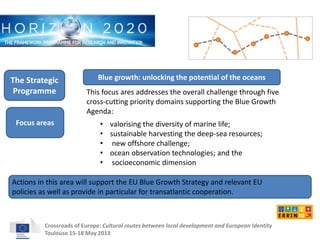 Blue growth: unlocking the potential of the oceans 
This focus ares addresses the overall challenge through five 
cross-cutting priority domains supporting the Blue Growth 
Agenda: 
• valorising the diversity of marine life; 
• sustainable harvesting the deep-sea resources; 
• new offshore challenge; 
• ocean observation technologies; and the 
• socioeconomic dimension 
The Strategic 
Programme 
Focus areas 
Actions in this area will support the EU Blue Growth Strategy and relevant EU 
policies as well as provide in particular for transatlantic cooperation. 
Crossroads of Europe: Cultural routes between local development and European Identity 
Toulouse 15-18 May 2013 
 