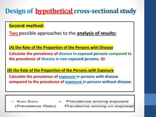 hypothetical
Second method:
Two possible approaches to the analysis of results:
(A) the Rate of the Proportion of the Persons with Disease
Calculate the prevalence of
the prevalence of . Or
(B) the Rate of the Proportion of the Persons with Exposure
Calculate the prevalence of
compared to the prevalence of .
 