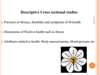 Descriptive Cross sectional studies
 Presence of disease, disability and symptoms of ill-health
 Dimensions of Positive health such as fitness
 Attributes related to health -Body measurements, blood pressure etc
14
4/14/2015
 