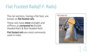 Flat Footed Rails(F.F. Rails)
The rail sections, having a flat foot, are
known as flat-footed rails.
These rails have more strength and
stiffness as compared to Double
Headed Rails & Bull Headed Rails.
Flat footed rails are most commonly
used in India.
 