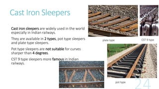 Cast Iron Sleepers
Cast iron sleepers are widely used in the world
especially in Indian railways.
They are available in 2 types, pot type sleepers
and plate type sleepers.
Pot type sleepers are not suitable for curves
sharper than 4 degrees.
CST 9 type sleepers more famous in Indian
railways.
plate type CST 9 type
pot type
 
