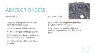 ASHES OR CINDERS
ADVANTAGES
These are waste products obtained
from steam locomotives.
(a) It is a cheaper ballast material.
(b) It has very good drainage quality.
(c) It is available in large quantities and
hence can be used in emergency.
(d) The handling and transportation
are easy.
DISADVANTAGES
(a) It is very soft and gets crumbled to
powder under heavy loads.
(b) It has got corrosive quality and
corrode steel sleepers and foot of the
rails.
 