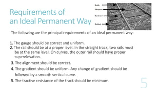 Requirements of
an Ideal Permanent Way
The following are the principal requirements of an ideal permanent way:
1. The gauge should be correct and uniform.
2. The rail should be at a proper level. In the straight track, two rails must
be at the same level. On curves, the outer rail should have proper
superelevation.
3. The alignment should be correct.
4. The gradient should be uniform. Any change of gradient should be
followed by a smooth vertical curve.
5. The tractive resistance of the track should be minimum.
 