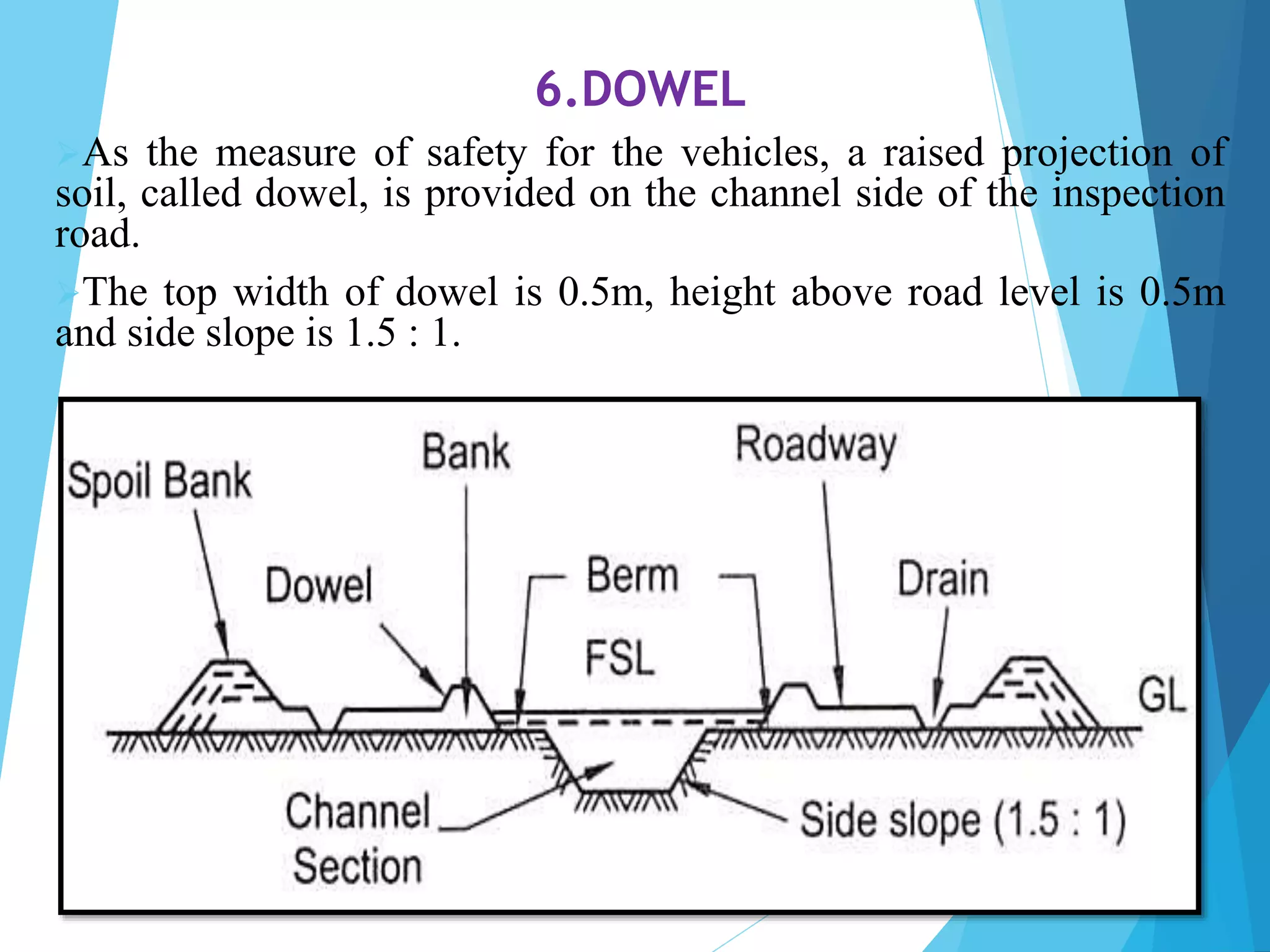 6.DOWEL
As the measure of safety for the vehicles, a raised projection of
soil, called dowel, is provided on the channel side of the inspection
road.
The top width of dowel is 0.5m, height above road level is 0.5m
and side slope is 1.5 : 1.
 