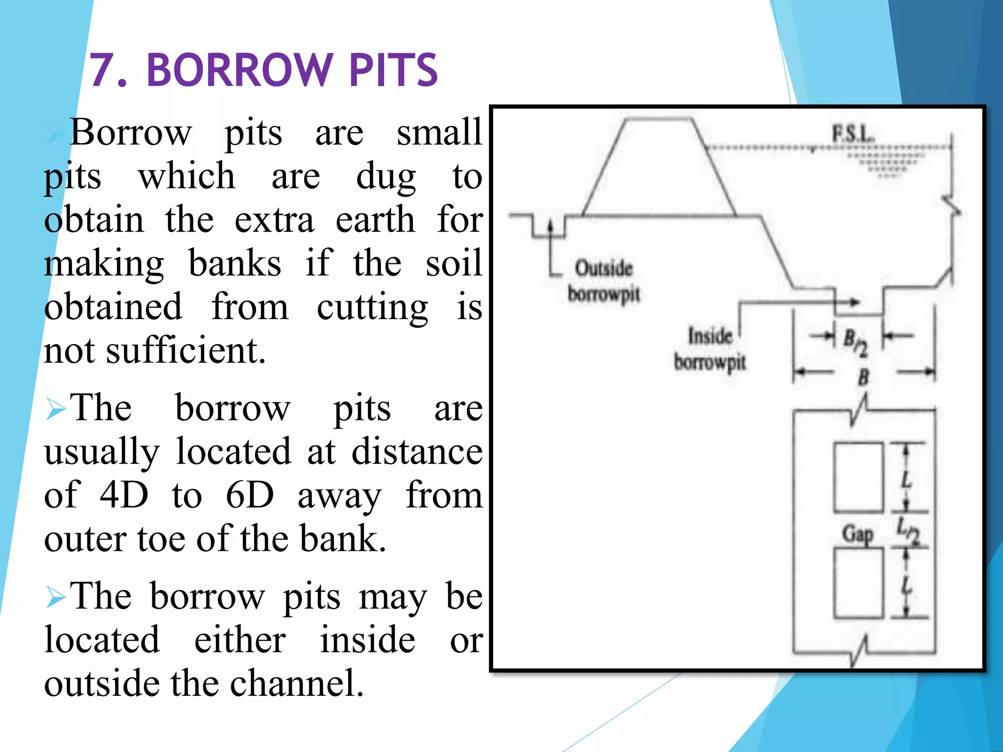 7. BORROW PITS
Borrow pits are small
pits which are dug to
obtain the extra earth for
making banks if the soil
obtained from cutting is
not sufficient.
The borrow pits are
usually located at distance
of 4D to 6D away from
outer toe of the bank.
The borrow pits may be
located either inside or
outside the channel.
 