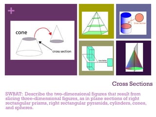 +
Cross Sections
SWBAT: Describe the two-dimensional figures that result from
slicing three-dimensional figures, as in plane sections of right
rectangular prisms, right rectangular pyramids, cylinders, cones,
and spheres.
 