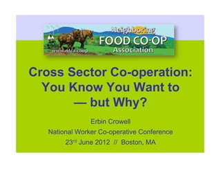 Cross Sector Co-operation:
  You Know You Want to
       — but Why?
                Erbin Crowell
   National Worker Co-operative Conference
        23rd June 2012 // Boston, MA
 