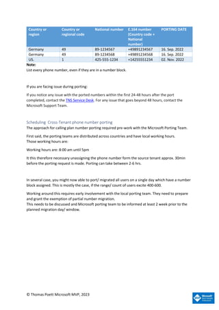 © Thomas Poett Microsoft MVP, 2023
Country or
region
Country or
regional code
National number E.164 number
(Country code +
National
number)
PORTING DATE
Germany 49 89-1234567 +49891234567 16. Sep. 2022
Germany 49 89-1234568 +49891234568 16. Sep. 2022
US. 1 425-555-1234 +14255551234 02. Nov. 2022
Note:
List every phone number, even if they are in a number block.
If you are facing issue during porting:
If you notice any issue with the ported numbers within the first 24-48 hours after the port
completed, contact the TNS Service Desk. For any issue that goes beyond 48 hours, contact the
Microsoft Support Team.
Scheduling Cross-Tenant phone number porting
The approach for calling plan number porting required pre-work with the Microsoft Porting Team.
First said, the porting teams are distributed across countries and have local working hours.
Those working hours are:
Working hours are: 8:00 am until 5pm
It this therefore necessary unassigning the phone number form the source tenant approx. 30min
before the porting request is made. Porting can take between 2-6 hrs.
In several case, you might now able to port/ migrated all users on a single day which have a number
block assigned. This is mostly the case, if the range/ count of users excite 400-600.
Working around this requires early involvement with the local porting team. They need to prepare
and grant the exemption of partial number migration.
This needs to be discussed and Microsoft porting team to be informed at least 2 week prior to the
planned migration day/ window.
 