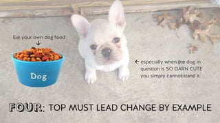 FOUR: TOP MUST LEAD CHANGE BY EXAMPLE
ß especially when the dog in
question is SO DARN CUTE
you simply cannot stand it.
Eat your own dog food
	
  
ß	
  
 