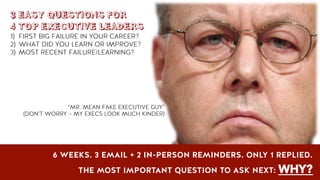 3 EASY QUESTIONS FOR
4 TOP EXECUTIVE LEADERS
1)  FIRST BIG FAILURE IN YOUR CAREER?
2)  WHAT DID YOU LEARN OR IMPROVE?
3)  MOST RECENT FAILURE/LEARNING?
“MR. MEAN FAKE EXECUTIVE GUY”
(DON’T WORRY – MY EXECS LOOK MUCH KINDER)
6 WEEKS. 3 EMAIL + 2 IN-PERSON REMINDERS. ONLY 1 REPLIED.
THE MOST IMPORTANT QUESTION TO ASK NEXT: WHY?
 