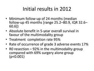 Initial results in 2012
• Minimum follow-up of 24 months (median
follow-up 45 months [range 25.2–80.9, IQR 32.6–
60.6])
• Absolute benefit in 5-year overall survival in
favour of the multimodality group
• Treatment completion rate 95%
• Rate of occurrence of grade 3 adverse events 17%
• R0 resection – 92% in the multimodality group
compared with 69% surgery alone group
(p<0.001)
 