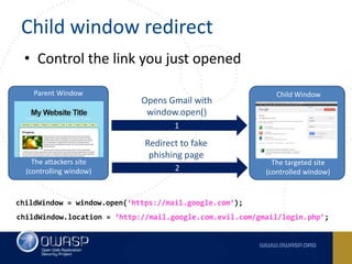 Child window redirect
• Control the link you just opened
Opens Gmail with
window.open()
Redirect to fake
phishing page
Parent Window
The attackers site
(controlling window)
Child Window
The targeted site
(controlled window)
childWindow = window.open(‘https://mail.google.com’);
childWindow.location = ‘http://mail.google.com.evil.com/gmail/login.php’;
1
2
 