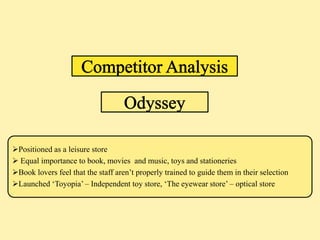 Positioned as a leisure store
 Equal importance to book, movies and music, toys and stationeries
Book lovers feel that the staff aren’t properly trained to guide them in their selection
Launched ‘Toyopia’ – Independent toy store, ‘The eyewear store’ – optical store
 