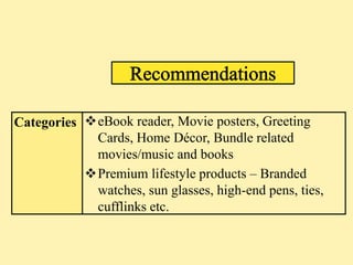 Categories eBook reader, Movie posters, Greeting
            Cards, Home Décor, Bundle related
            movies/music and books
           Premium lifestyle products – Branded
            watches, sun glasses, high-end pens, ties,
            cufflinks etc.
 