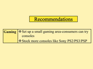 Gaming Set up a small gaming area-consumers can try
        consoles
       Stock more consoles like Sony PS2/PS3/PSP
 