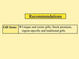 Gift Items Unique and exotic gifts; Stock premium,
            region-specific and traditional gifts
 