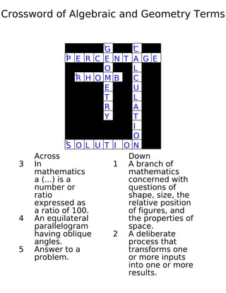 Crossword of algebraic and geometry terms (ans)