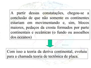 A partir dessas constatações, chegou-se a conclusão de que não somente os continentes estariam em movimentando e, sim, blocos maiores, pedaços da crosta formados por parte continentais e oceânicas (o fundo ou assoalhos dos oceanos) Com isso a teoria da deriva continental, evoluiu para a chamada teoria de tectônica de placa. 