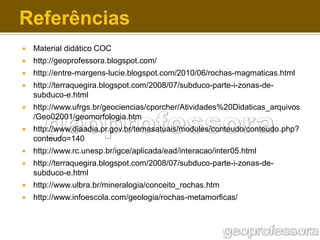 Referências


Material didático COC



http://geoprofessora.blogspot.com/



http://entre-margens-lucie.blogspot.com/2010/06/rochas-magmaticas.html



http://terraquegira.blogspot.com/2008/07/subduco-parte-i-zonas-desubduco-e.html



http://www.ufrgs.br/geociencias/cporcher/Atividades%20Didaticas_arquivos
/Geo02001/geomorfologia.htm



http://www.diaadia.pr.gov.br/temasatuais/modules/conteudo/conteudo.php?
conteudo=140



http://www.rc.unesp.br/igce/aplicada/ead/interacao/inter05.html



http://terraquegira.blogspot.com/2008/07/subduco-parte-i-zonas-desubduco-e.html



http://www.ulbra.br/mineralogia/conceito_rochas.htm



http://www.infoescola.com/geologia/rochas-metamorficas/

 