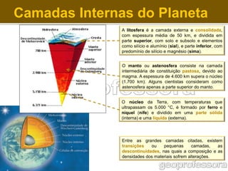 Camadas Internas do Planeta
A litosfera é a camada externa e consolidada,
com espessura média de 50 km, e dividida em
parte superior, com solo e subsolo e elementos
como silício e alumínio (sial), e parte inferior, com
predomínio de silício e magnésio (sima).
O manto ou astenosfera consiste na camada
intermediária de constituição pastosa, devido ao
magma. A espessura de 4.600 km supera o núcleo
(1.700 km). Alguns cientistas consideram como
astenosfera apenas a parte superior do manto.
O núcleo da Terra, com temperaturas que
ultrapassam os 5.000 °C, é formado por ferro e
níquel (nife) e dividido em uma parte sólida
(interna) e uma líquida (externa).

Entre as grandes camadas citadas, existem
transições
ou
pequenas
camadas,
as
descontinuidades, nas quais a composição e as
densidades dos materiais sofrem alterações.

 