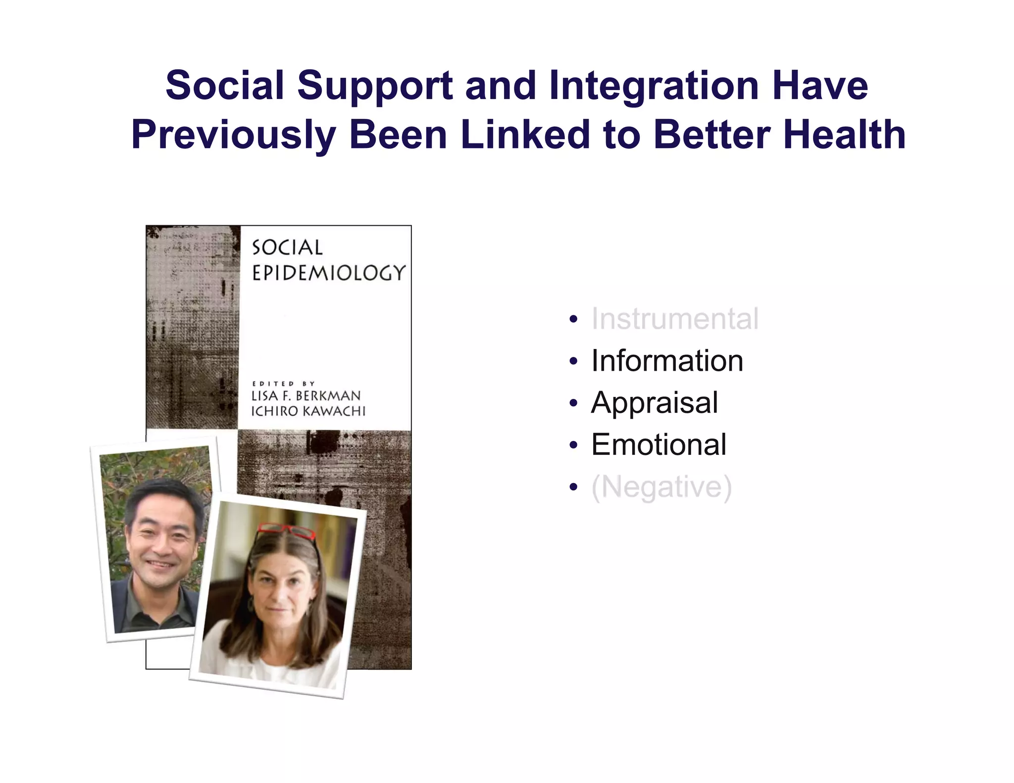Social Support and Integration Have
Previously Been Linked to Better Health
• Instrumental
• Information
• Appraisal
• Emotional
• (Negative)
 
