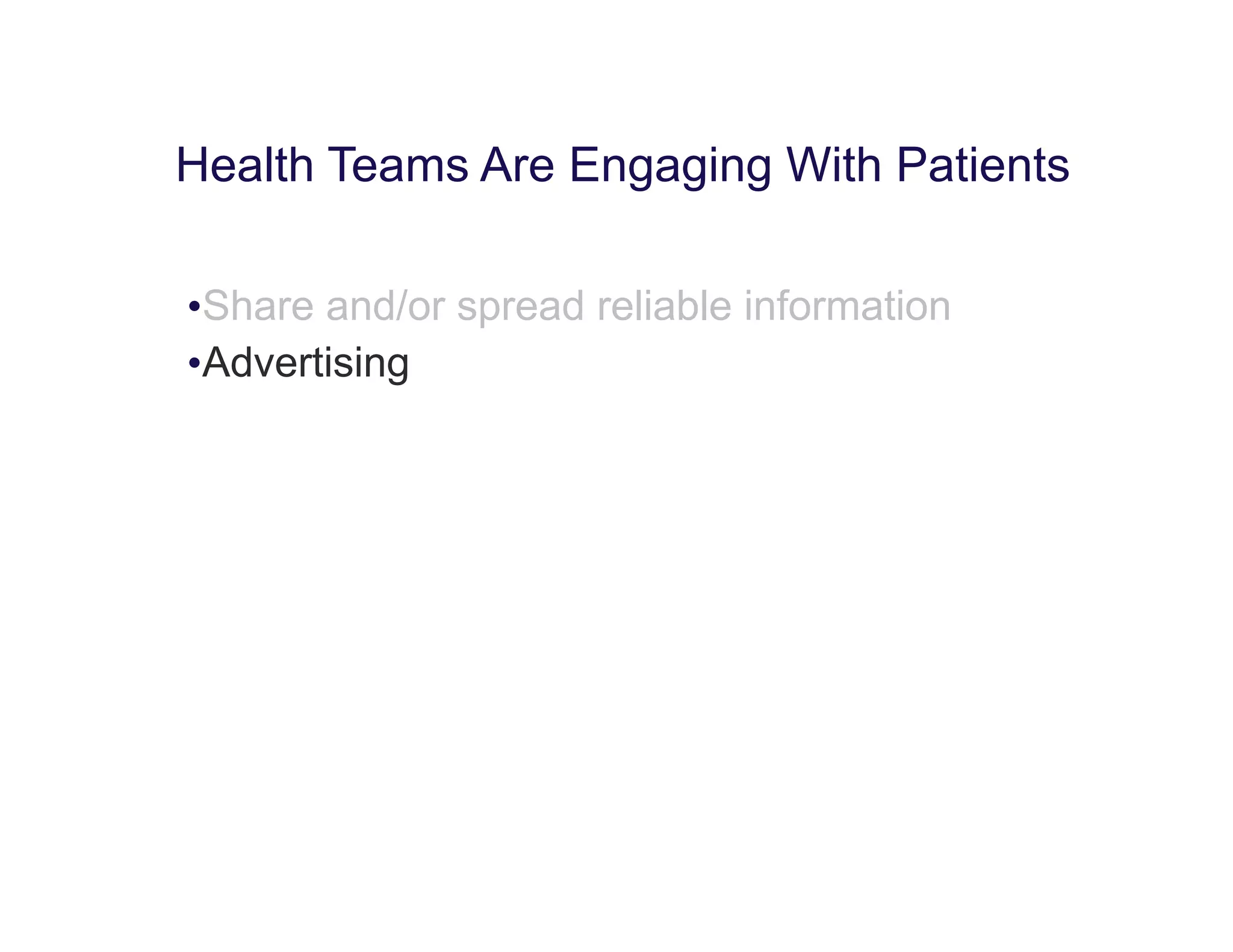 •Share and/or spread reliable information
•Advertising
Health Teams Are Engaging With Patients
 