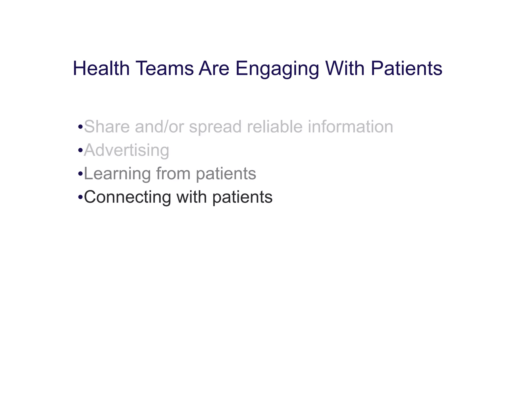 •Share and/or spread reliable information
•Advertising
•Learning from patients
•Connecting with patients
Health Teams Are Engaging With Patients
 