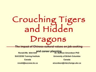 Crouching Tigers and Hidden Dragons   The impact of Chinese cultural values on job seeking  and career planning   Ronald Ma  MSW RSW SUCCESS Training Institute  Canada [email_address] Dr. Norman Amundson PhD University of British Columbia Canada [email_address] ___________________________________ 