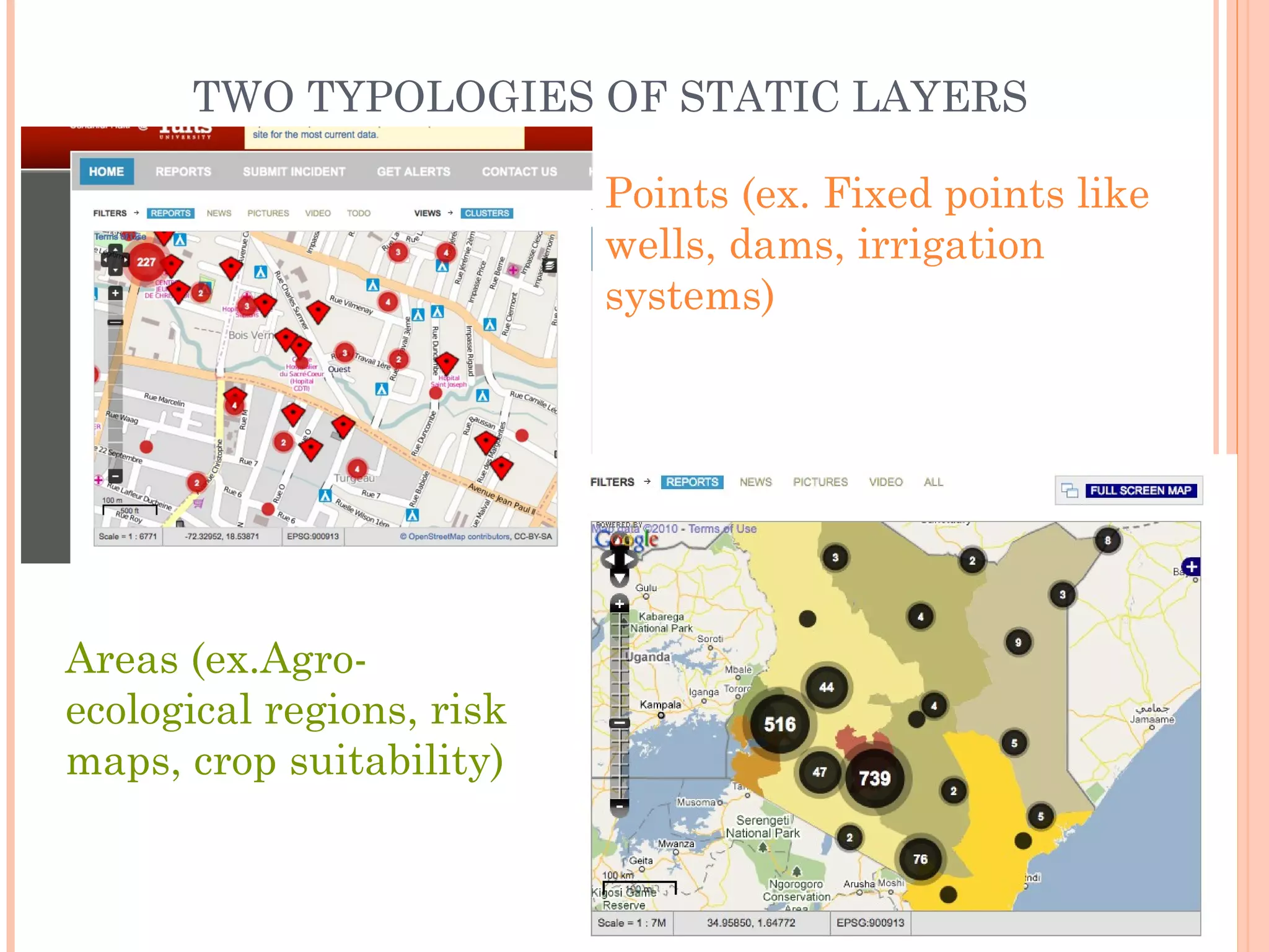 TWO TYPOLOGIES OF STATIC LAYERS Points (ex. Fixed points like wells, dams, irrigation systems) Areas (ex.Agro-ecological regions, risk maps, crop suitability) 