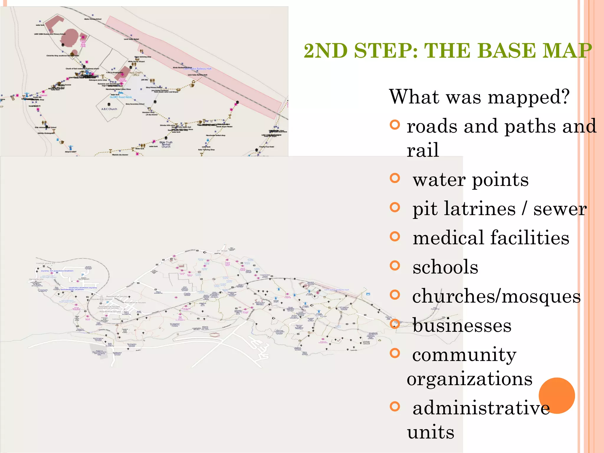 2ND STEP: THE BASE MAP What was mapped? roads and paths and rail water points pit latrines / sewer medical facilities schools churches/mosques businesses community organizations administrative units 