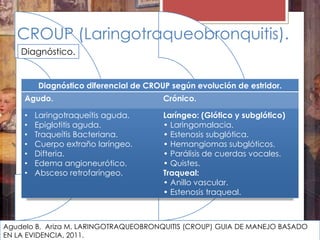 CROUP (Laringotraqueobronquitis).
Diagnóstico.
Diagnóstico diferencial de CROUP según evolución de estridor.
Agudo. Crónico.
• Laringotraqueítis aguda.
• Epiglotitis aguda.
• Traqueítis Bacteriana.
• Cuerpo extraño laríngeo.
• Difteria.
• Edema angioneurótico.
• Absceso retrofaríngeo.
Laríngeo: (Glótico y subglótico)
• Laringomalacia.
• Estenosis subglótica.
• Hemangiomas subglóticos.
• Parálisis de cuerdas vocales.
• Quistes.
Traqueal:
• Anillo vascular.
• Estenosis traqueal.
Agudelo B, Ariza M, LARINGOTRAQUEOBRONQUITIS (CROUP) GUIA DE MANEJO BASADO
EN LA EVIDENCIA, 2011.
 