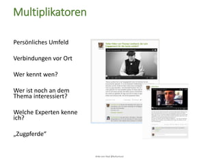 Multiplikatoren
Persönliches Umfeld
Verbindungen vor Ort
Wer kennt wen?
Wer ist noch an dem
Thema interessiert?
Welche Experten kenne
ich?
„Zugpferde“
Anke von Heyl @kulturtussi
 