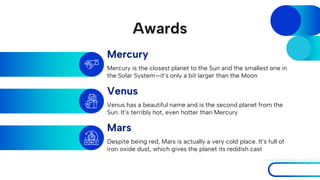 Awards
Mercury is the closest planet to the Sun and the smallest one in
the Solar System—it’s only a bit larger than the Moon
Venus has a beautiful name and is the second planet from the
Sun. It’s terribly hot, even hotter than Mercury
Despite being red, Mars is actually a very cold place. It’s full of
iron oxide dust, which gives the planet its reddish cast
Mercury
Venus
Mars
 