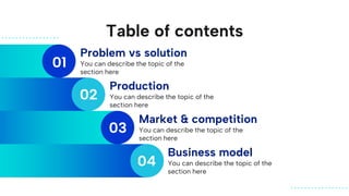 Table of contents
You can describe the topic of the
section here
You can describe the topic of the
section here
Market & competition
Business model
You can describe the topic of the
section here
You can describe the topic of the
section here
01
Problem vs solution
Production
02
03
04
 