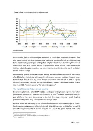Figure 3: Real interest rates in selected countries

6%
5%
4%
3%
2%
1%
0%
-1%
-2%
-3%
-4%

2005

2006

2007

UK

Japan

2008

2009

Eurozone

2010
Germany

2011
US

2012

2013

China

Source: Bloomberg

In this climate, peer-to-peer lending has developed as a vehicle for borrowers to obtain a loan
at a lower interest rate than through using traditional avenues of credit provision such as
banks. Additionally, peer-to-peer lending offers a higher rate of return than through traditional
investments, such as a savings account or government bonds. Further, many savers have
inflation adjusted deposit rates that are often negative, impelling them to search for better
returns on their savings.
Consequently, growth in the peer-to-peer lending market has been exponential, particularly
after 2010 when the industry self-imposed restrictions on borrower creditworthiness in order
to tackle high default rates, e.g. when Prosper saw default rates of 30% in 2009. 20 Figures
obtained through data gathering and market intelligence suggest a 100% year-on-year growth
rate since 2010. This is discussed further later in this paper. 21

The rise of Financial Return crowd-funding
Since its inception in the UK and USA in 2006, peer-to-peer lending has emerged in many other
jurisdictions, spreading to China and South East Asia in 2009. 22 However, most of the peer-topeer platforms have only been set up in the last three years, with very small fledgling
platforms in Argentina, Italy, Estonia and India, amongst others.
Figure 4 shows the percentage of the overall amount of loans originated through FR crowdfunding platforms by country. Collectively, the US, UK and China make up 96% of the overall FR
crowd-funding market: the US market accounts for 51% of the global market, with China
20

For further discussion see Chapter 2: risks
For a further discussion, please consult the “size” section of Chapter 4
22
Li and Yang (2013)
21

14 | P a g e

 