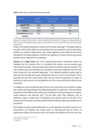 Table 4: Major players in equity crowd-funding, globally

Company

Date of
Inception

Equity Financed

Country of Domicile

($ millions)

AngelCrunch

2011

40

China

Crowdcube

2010

23.35

UK

Seedrs

2013

1.36

UK

Banktothefuture.com

2011

1.33

UK

Limited
Source: IOSCO Research Department Notes: 1) Data sourced and complied from individual platforms and does not represent an
exhaustive list of platforms. As such this list is a lower bound estimate of the industry; 2) * USD figure is an equivalent based on a
GBP conversion at 1.60; RMB figure based on conversion of 6.09 3) Data is correct at the time of writing; 4) all are equity crowdfunding models.

Finally, in FR crowd-funding there is evidence of first mover advantage. 86 The larger platforms
are able to take on the added cost of compliance with new regulations, whereas the smaller
platforms are unable to absorb these costs. Further regulation could solidify the first mover
advantage for the largest platforms; therefore the regulation of markets that were previously
exempt has clear implications for competition.
Exposure to a Single Asset: Due to FR crowd-funding being an investment activity for
individuals (for the moment), there is a possibility that investors may not practice good
diversification principles, and may instead concentrate their portfolio into just a few loans. This
risk is linked to the risk of bad debts and loan defaults, meaning an individual could lose their
entire investment if not diversified adequately. If an individual’s portfolio consists solely of
debt securities through peer-to-peer lending then they are at risk of concentration. This is
especially the case with retail investors who may not have the opportunity or means to
diversify into other products. On some platforms this risk is compounded by the ability to fund
entire loans.
To mitigate this risk some platforms place limits on the amount that can be invested in a single
loan, and the overall percentage of a portfolio being placed in a single loan. In the US, with the
introduction of the JOBS Act there will also be a limit placed on the percentage of an investor’s
money allowed in any particular loan. 87 On the other hand, other platforms, such as
RateSetter, expect a certain level of competency and common sense on the part of the
investors and do not place such limits, demonstrating the different approaches adopted across
jurisdictions.
With regards to equity crowd-funding there are some regulations to protect investors from
concentration risk. However they usually centre on restricting the type of investor to
sophisticated investors (this was the case in the US before the JOBS Act and is the case in the
86

87

IOSCO Market Intelligence
OSC, 2013

40 | P a g e

 