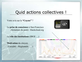 Quid actions collectives !
Votre avis sur le “Coyote” ?

La prise de conscience à San-Francisco
    (fermeture du pont) : blackcloud.org

Le rôle des institutions (IBGE …)

Motivation du citoyen
(Fiscalité – Règlement - …)
 