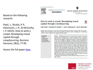Based on the following
research:
Prpić, J., Shukla, P. P.,
Kietzmann, J. H., & McCarthy,
I. P. (2015). How to work a
crowd: Developing crowd
capital through
crowdsourcing. Business
Horizons, 58(1), 77-85.
Access the full paper here.
 
