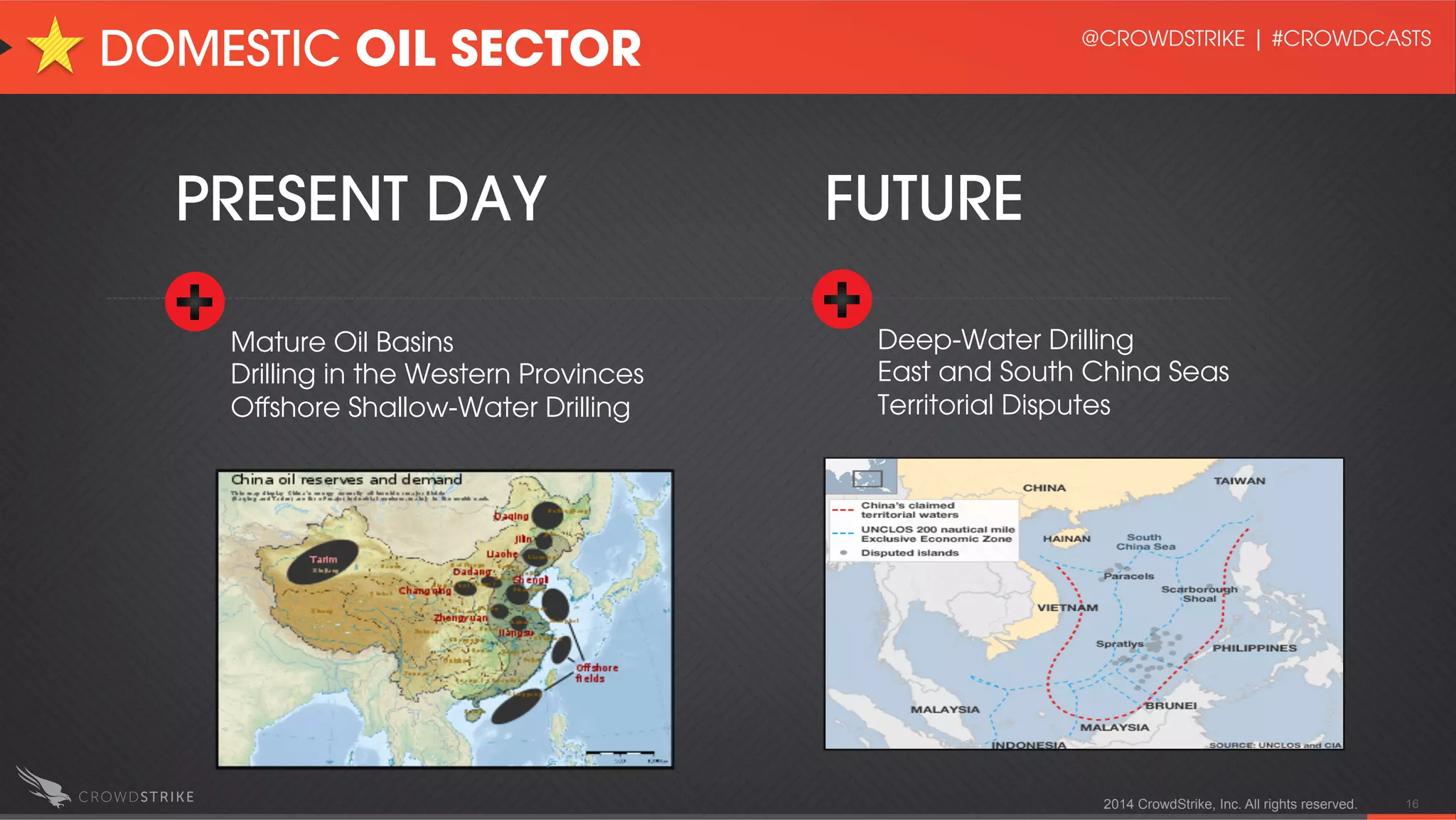 2014 CrowdStrike, Inc. All rights reserved. 16
DOMESTIC OIL SECTOR
PRESENT DAY
Mature Oil Basins
Drilling in the Western Provinces
Oﬀshore Shallow-Water Drilling
Deep-Water Drilling
East and South China Seas
Territorial Disputes
FUTURE
@CROWDSTRIKE | #CROWDCASTS
 