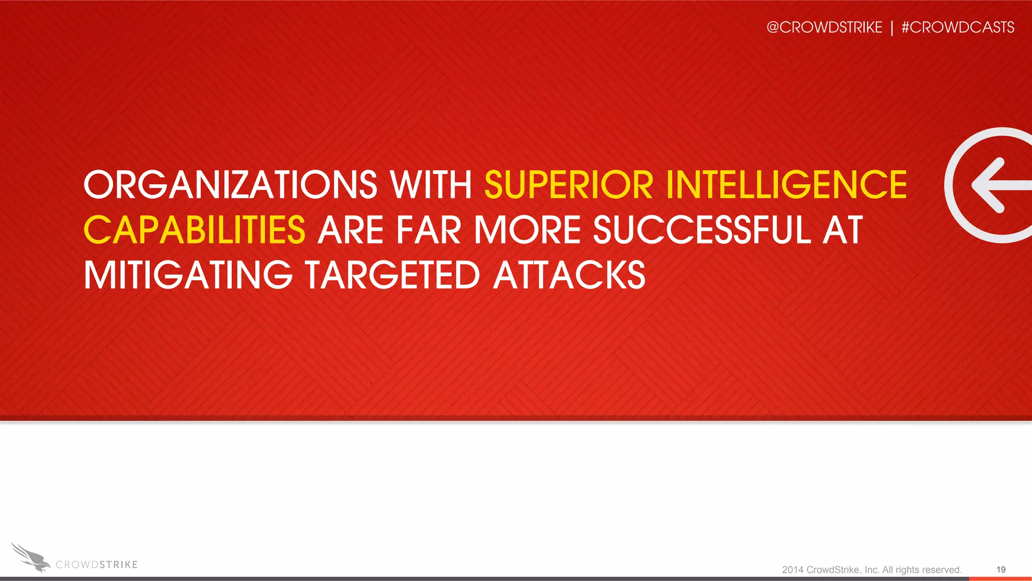 2014 CrowdStrike, Inc. All rights reserved. 19
ORGANIZATIONS WITH SUPERIOR INTELLIGENCE
CAPABILITIES ARE FAR MORE SUCCESSFUL AT
MITIGATING TARGETED ATTACKS
@CROWDSTRIKE | #CROWDCASTS
 