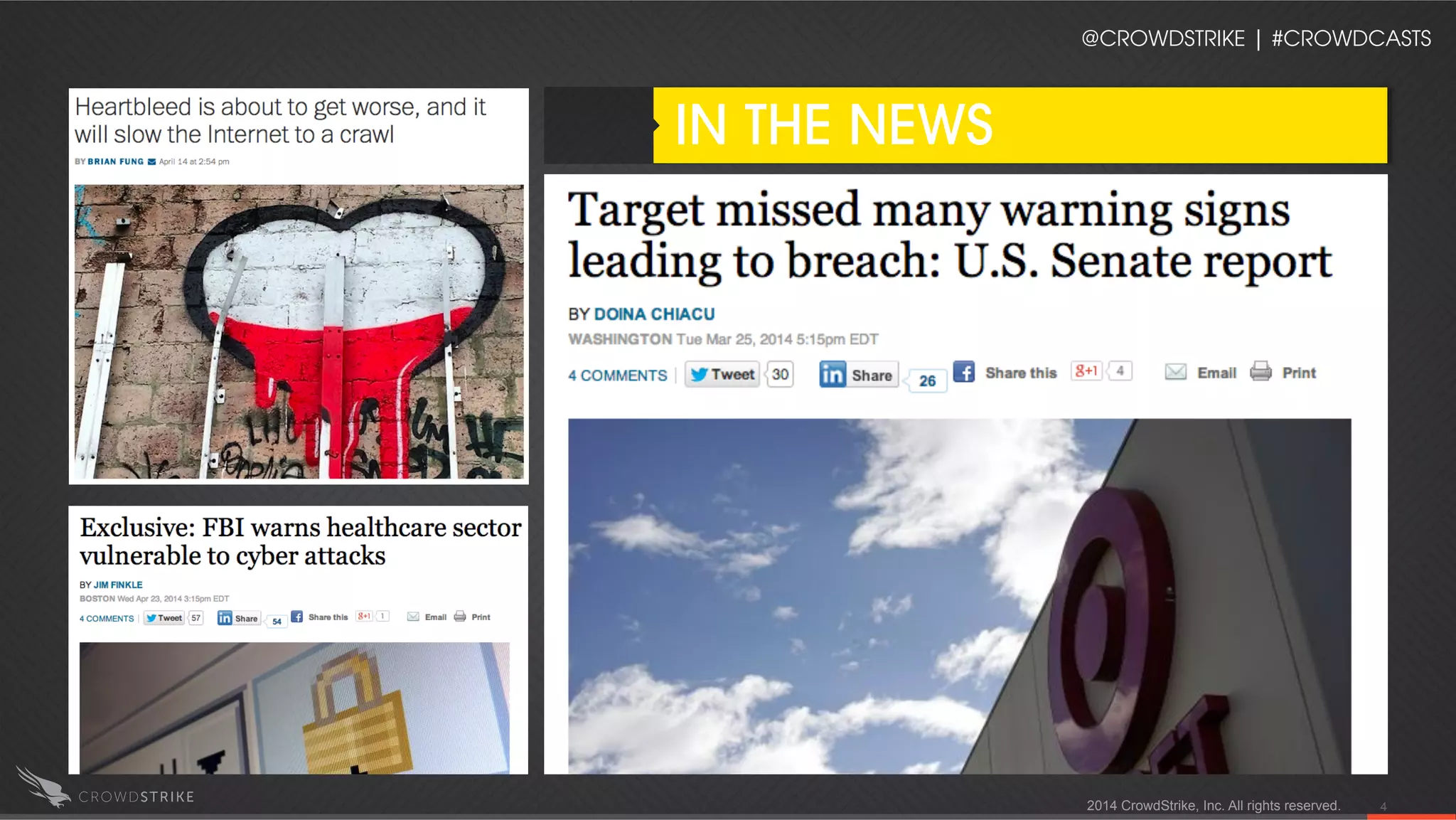 2014 CrowdStrike, Inc. All rights reserved. 4
IN THE NEWS
@CROWDSTRIKE | #CROWDCASTS
 