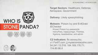 @CROWDSTRIKE | #CROWDCASTS

Target Sectors: Healthcare, Defense,
Aerospace, Government
Delivery: Likely spearphishing

WHO IS
STONE PANDA?

Malware: Poison Ivy and EvilGrab/
IEChecker
Known Poison Ivy passwords:
menuPass, happyyongzi, Thankss,
Xgstone, keaidestone, and admin

C2 Indicators: fbi.sexxxy.biz;
u1.FartIT.com; jj.mysecondarydns.com;
54.241.13.219; 184.169.176.71;
114.80.96.8
2013 Crowdstrike, Inc. All rights reserved.

14

 