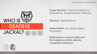 @CROWDSTRIKE | #CROWDCASTS

Target Sectors: Financial Institutions;
Media/News; Social Network Platforms

WHO IS
DEADEYE
JACKAL?

Delivery: Spearphishing
Nationalistic, pro-Syrian regime
motivations
Defacement, account takeover,
third-party provider attacks,
credential collection

2013 Crowdstrike, Inc. All rights reserved.

25

 