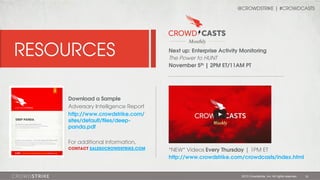@CROWDSTRIKE | #CROWDCASTS

RESOURCES

Next up: Enterprise Activity Monitoring
The Power to HUNT
November 5th | 2PM ET/11AM PT

Download a Sample
Adversary Intelligence Report
http://www.crowdstrike.com/
sites/default/ﬁles/deeppanda.pdf
For additional information,
CONTACT SALES@CROWDSTRIKE.COM

*NEW* Videos Every Thursday | 1PM ET
http://www.crowdstrike.com/crowdcasts/index.html

2013 Crowdstrike, Inc. All rights reserved.

33

 