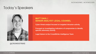 @CROWDSTRIKE | #CROWDCASTS

Today’s Speakers
MATT DAHL |
SENIOR ANALYST/ LEGAL COUNSEL
Cyber threat analyst focused on tar...
