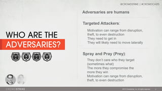 @CROWDSTRIKE | #CROWDCASTS

Adversaries are humans
Targeted Attackers:

WHO ARE THE
ADVERSARIES?

Motivation can range fro...