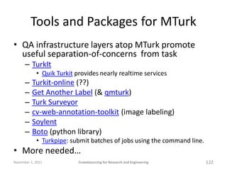 Tools and Packages for MTurk
• QA infrastructure layers atop MTurk promote
  useful separation-of-concerns from task
     ...