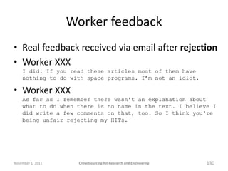 Worker feedback
• Real feedback received via email after rejection
• Worker XXX
    I did. If you read these articles most...